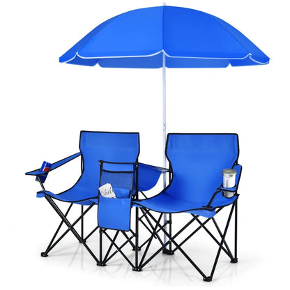 Double Folding Picnic Chair with Umbrella, Cooler Bag & Cup Holders for Outdoor Use