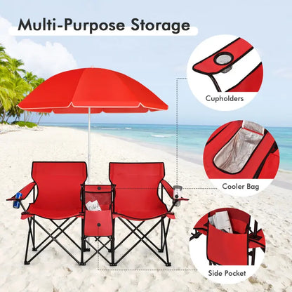 Double Folding Picnic Chair with Umbrella, Cooler Bag & Cup Holders for Outdoor Use