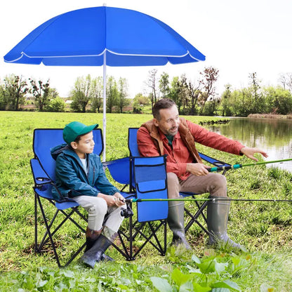 Double Folding Picnic Chair with Umbrella, Cooler Bag & Cup Holders for Outdoor Use