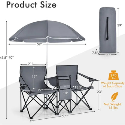 Double Folding Picnic Chair with Umbrella, Cooler Bag & Cup Holders for Outdoor Use