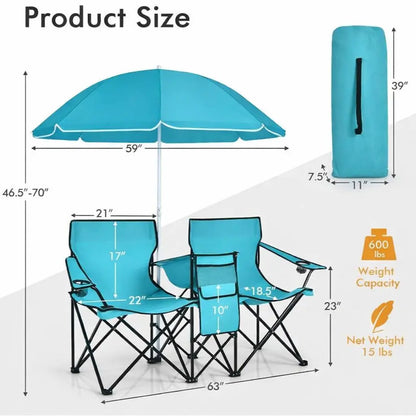Double Folding Picnic Chair with Umbrella, Cooler Bag & Cup Holders for Outdoor Use
