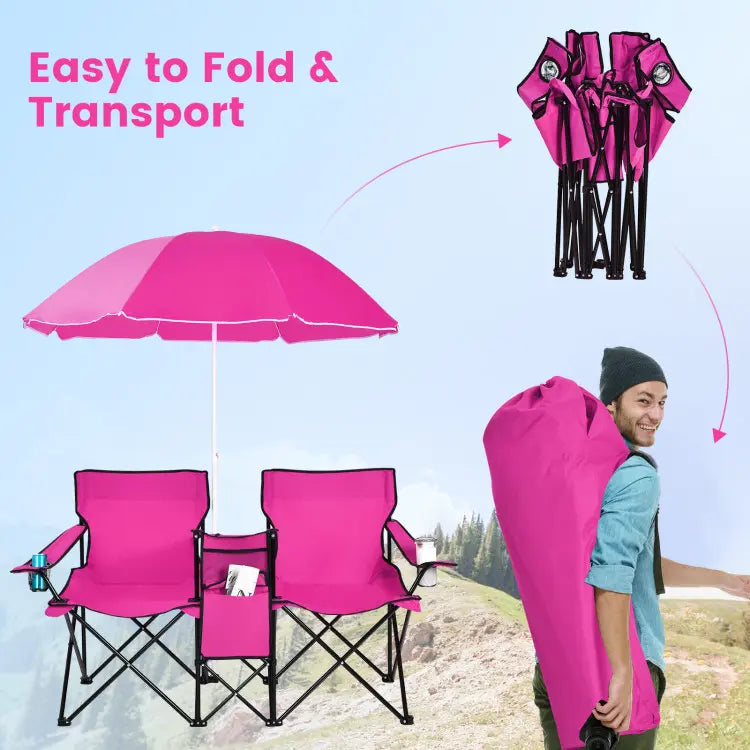 Double Folding Picnic Chair with Umbrella, Cooler Bag & Cup Holders for Outdoor Use