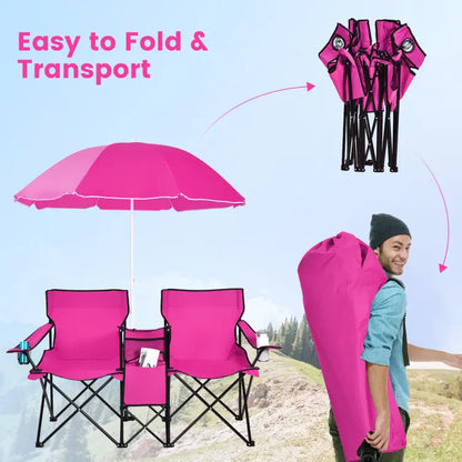 Double Folding Picnic Chair with Umbrella, Cooler Bag & Cup Holders for Outdoor Use