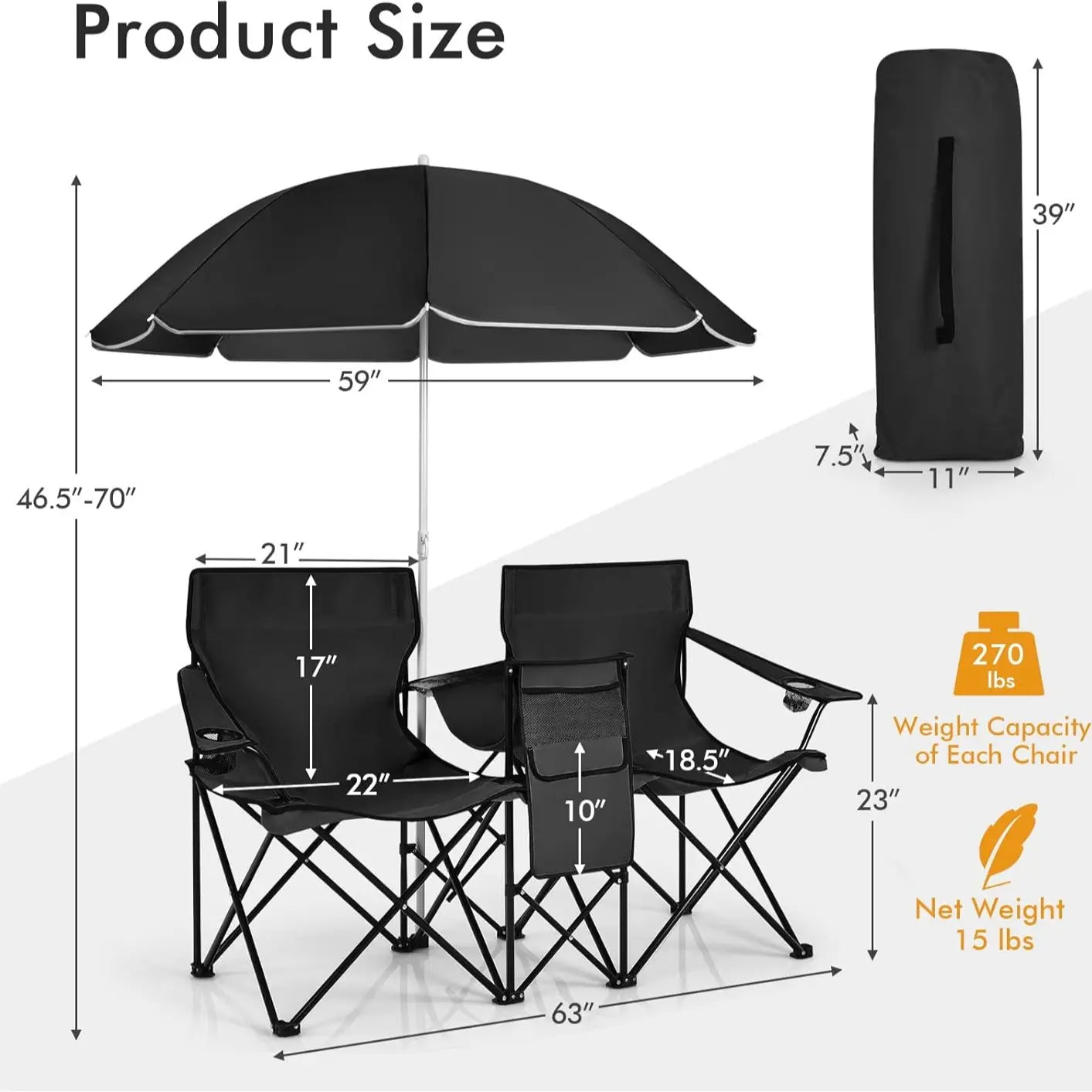Double Folding Picnic Chair with Umbrella, Cooler Bag & Cup Holders for Outdoor Use