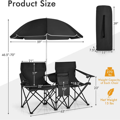 Double Folding Picnic Chair with Umbrella, Cooler Bag & Cup Holders for Outdoor Use