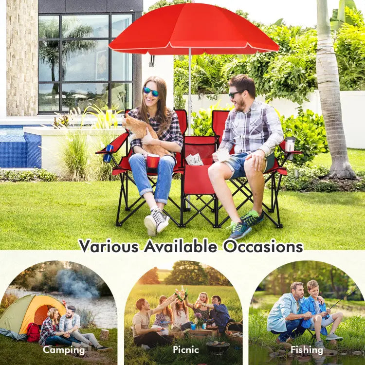 Double Folding Picnic Chair with Umbrella, Cooler Bag & Cup Holders for Outdoor Use