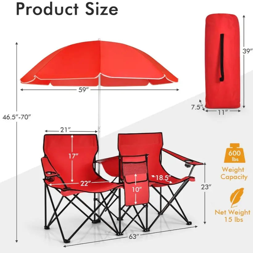 Double Folding Picnic Chair with Umbrella, Cooler Bag & Cup Holders for Outdoor Use
