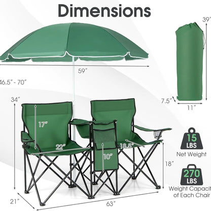 Double Folding Picnic Chair with Umbrella, Cooler Bag & Cup Holders for Outdoor Use